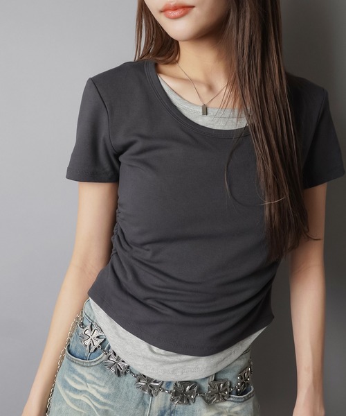 SPINNS（スピンズ）の「重ね着要らず これだけ1枚。配色レイヤード半袖コンパクトT（Tシャツ/カットソー・レディース・チャコール/ネイビー/ブラック/グレー/オフホワイト・ONESIZE）」の14枚目の写真