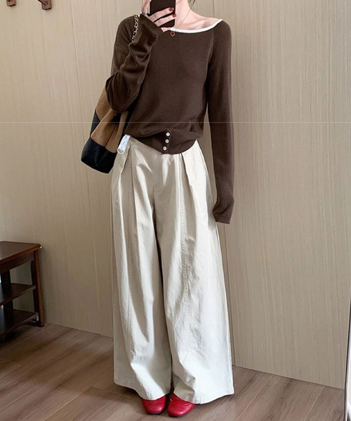 2ly2（トゥーリートゥー）の「タック入りワイドパンツ レディース ルーズシルエット シンプルボトム（その他パンツ・レディース・ベージュ/ブラック・FREE）」の14枚目の写真