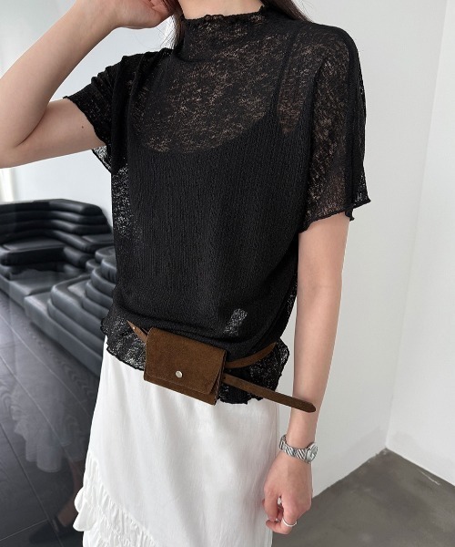 CHUN CHUN NOTES(チュンチュンノーツ)の「26SS/シアーモックネック半袖トップス(Tシャツ/カットソー・レディース・ブラック/アイボリー・F)」の18枚目の写真