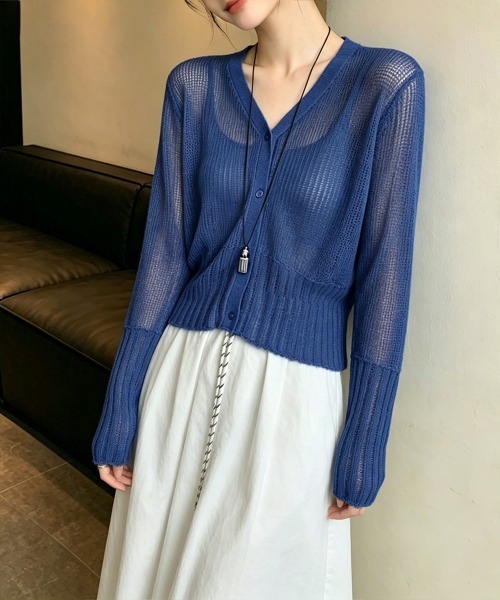 Miniministore(ミニミニストア)の「シアーカーディガン透かし編みニットトップ(カーディガン/ボレロ・レディース・ブラック/ライトブルー/グレー/オフホワイト/ベージュ/ロイヤルブルー/イエロー/ピンク・FREE)」の13枚目の写真