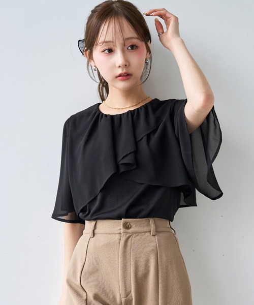 mil(ミル)の「ケープ風 フレアスリーブトップス【587209】(Tシャツ/カットソー・レディース・ブラック/オフホワイト/チャコールグレー・XS/S)」の1枚目の写真