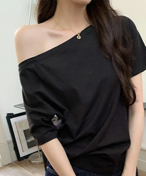 mielu(ミエル)の「ワンショルダールーズTシャツ(Tシャツ/カットソー・レディース・ネイビー/グレー/ブラック/ホワイト・LARGE/MEDIUM)」の12枚目の写真