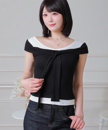 Anely 配色 ボウタイ リボン レイヤード カット トップス