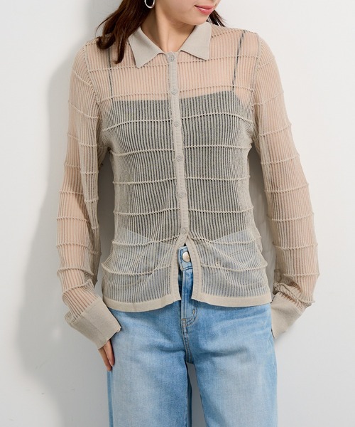 MAISON BREEZE reveur(メゾンブリーズレヴール)の「【MAISON BREEZE reveur】12G針抜きボーダーニットシャツ trc(ニット/セーター・レディース・チャコールグレー/ブラウン系1/グレイッシュベージュ・FREE)」の4枚目の写真