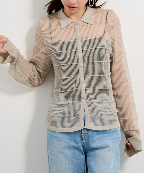 MAISON BREEZE reveur(メゾンブリーズレヴール)の「【MAISON BREEZE reveur】12G針抜きボーダーニットシャツ trc(ニット/セーター・レディース・チャコールグレー/ブラウン系1/グレイッシュベージュ・FREE)」の5枚目の写真