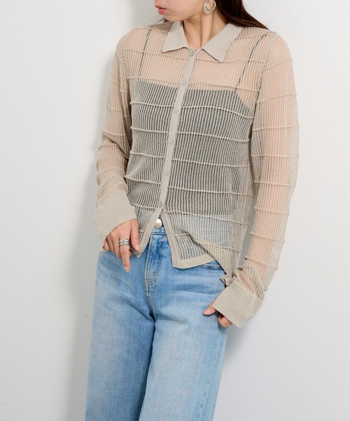 MAISON BREEZE reveur(メゾンブリーズレヴール)の「【MAISON BREEZE reveur】12G針抜きボーダーニットシャツ trc(ニット/セーター・レディース・チャコールグレー/ブラウン系1/グレイッシュベージュ・FREE)」の6枚目の写真