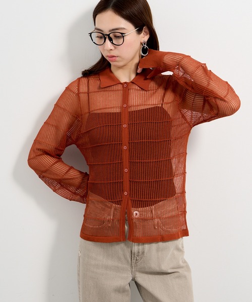 MAISON BREEZE reveur(メゾンブリーズレヴール)の「【MAISON BREEZE reveur】12G針抜きボーダーニットシャツ trc(ニット/セーター・レディース・チャコールグレー/ブラウン系1/グレイッシュベージュ・FREE)」の18枚目の写真
