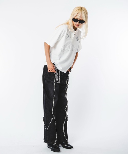 SHORT ROUND(ショートラウンド)の「SHORT ROUND/【26年春夏新作】ブリーチグラフィックポロシャツ(ポロシャツ・メンズ・ブラック系その他/ホワイト・LARGE/MEDIUM)」の4枚目の写真