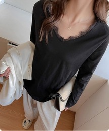 【韓国ファッション】レースVネック スリムロングスリーブTシャツ