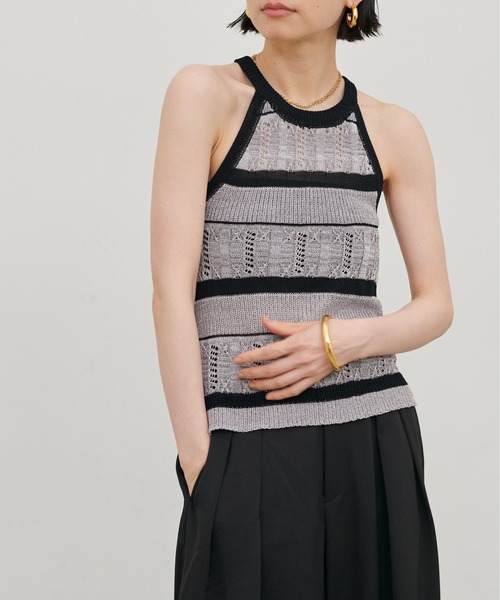 LARUTA（ラルータ）の「【LARUTA】［Web限定］麻タッチ透かしボーダーアメスリニット（タンクトップ・レディース・グレー/ベージュ・FREE）」の2枚目の写真