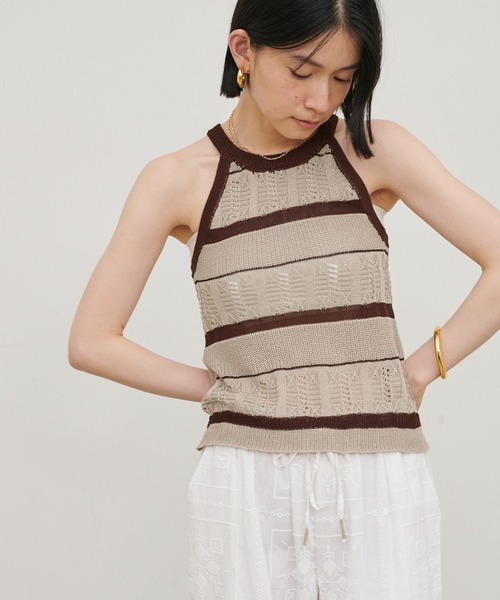 LARUTA（ラルータ）の「【LARUTA】［Web限定］麻タッチ透かしボーダーアメスリニット（タンクトップ・レディース・グレー/ベージュ・FREE）」の20枚目の写真