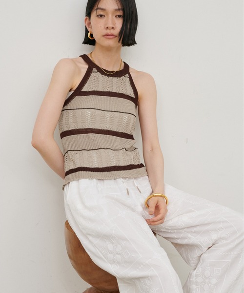 LARUTA（ラルータ）の「【LARUTA】［Web限定］麻タッチ透かしボーダーアメスリニット（タンクトップ・レディース・グレー/ベージュ・FREE）」の10枚目の写真