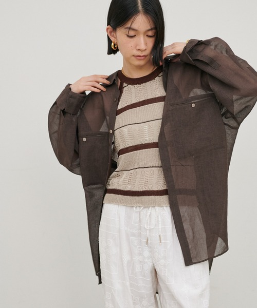LARUTA（ラルータ）の「【LARUTA】［Web限定］麻タッチ透かしボーダーアメスリニット（タンクトップ・レディース・グレー/ベージュ・FREE）」の17枚目の写真