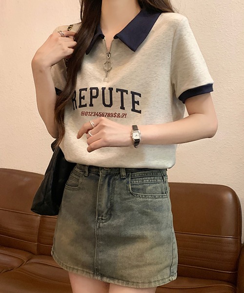 2ly2(トゥーリートゥー)の「襟付きハーフジップTシャツ ロゴ 半袖 配色デザイン ゆったり(Tシャツ/カットソー・レディース・ボルドー/ネイビー・FREE)」の8枚目の写真