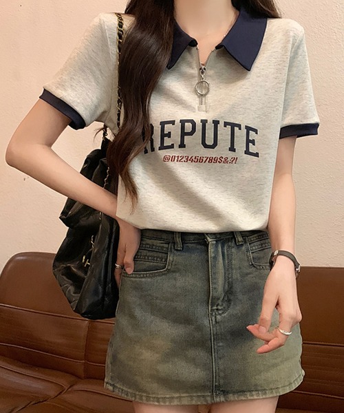 2ly2(トゥーリートゥー)の「襟付きハーフジップTシャツ ロゴ 半袖 配色デザイン ゆったり(Tシャツ/カットソー・レディース・ボルドー/ネイビー・FREE)」の9枚目の写真