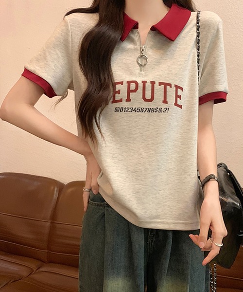 2ly2(トゥーリートゥー)の「襟付きハーフジップTシャツ ロゴ 半袖 配色デザイン ゆったり(Tシャツ/カットソー・レディース・ボルドー/ネイビー・FREE)」の12枚目の写真