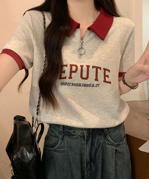 2ly2(トゥーリートゥー)の「襟付きハーフジップTシャツ ロゴ 半袖 配色デザイン ゆったり(Tシャツ/カットソー・レディース・ボルドー/ネイビー・FREE)」の15枚目の写真