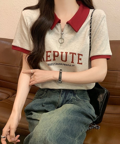 2ly2(トゥーリートゥー)の「襟付きハーフジップTシャツ ロゴ 半袖 配色デザイン ゆったり(Tシャツ/カットソー・レディース・ボルドー/ネイビー・FREE)」の18枚目の写真