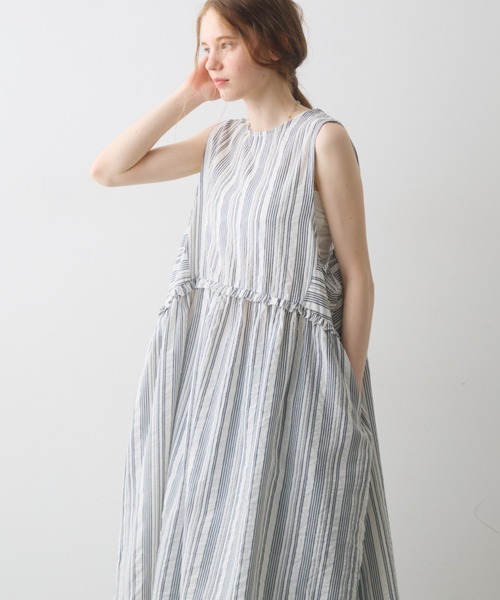 Crisp(クリスプ)の「waist frill stripe onepiece / ウエストフリルストライプワンピース(ワンピース・レディース・ピンク/ブラック・FREE)」の2枚目の写真