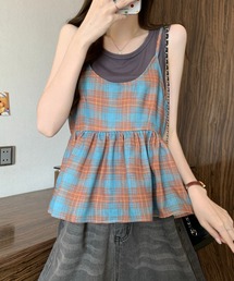 チェック柄 配色切替 リボンタイ フェイクレイヤードトップス