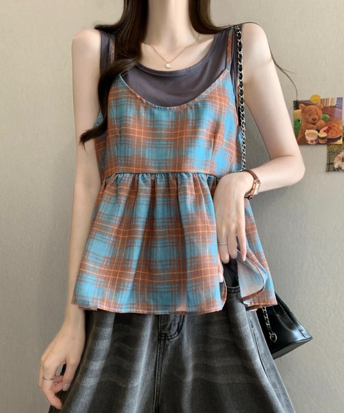 AMAJI（アマジ）の「チェック柄 配色切替 リボンタイ フェイクレイヤードトップス（その他トップス・レディース・ブルー/オレンジ・FREE）」の5枚目の写真