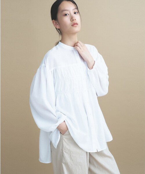 cloenc(クロエンス)の「【マシンウォッシュ】シャーリング チュニックブラウス(シャツ/ブラウス・レディース・チャコールグレー/ホワイト/ピンク・02/00)」の1枚目の写真