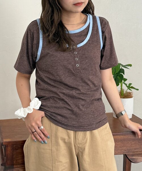 CPCM(シーピーシーエム)の「タンクセットスラブ半袖プルオーバー(Tシャツ/カットソー・レディース・オフホワイト/ブラウン/グレー・FREE)」の3枚目の写真