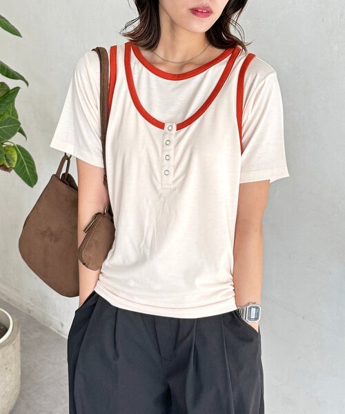 CPCM(シーピーシーエム)の「タンクセットスラブ半袖プルオーバー(Tシャツ/カットソー・レディース・オフホワイト/ブラウン/グレー・FREE)」の1枚目の写真