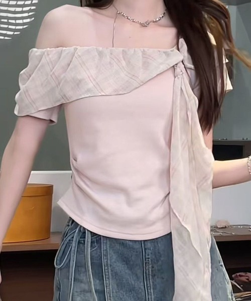L LABEL（エルラベル）の「チェック柄シフォンリボンTシャツ（Tシャツ/カットソー・レディース・ホワイト/ブルー/ピンク・FREE）」の3枚目の写真