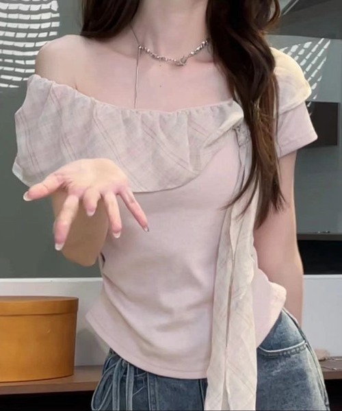 L LABEL（エルラベル）の「チェック柄シフォンリボンTシャツ（Tシャツ/カットソー・レディース・ホワイト/ブルー/ピンク・FREE）」の5枚目の写真