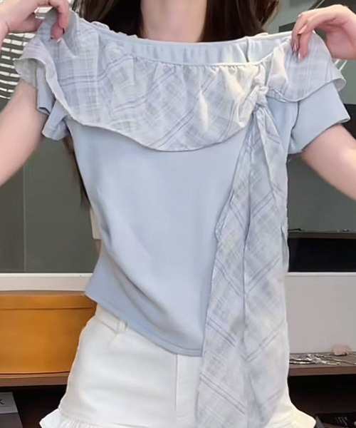 L LABEL（エルラベル）の「チェック柄シフォンリボンTシャツ（Tシャツ/カットソー・レディース・ホワイト/ブルー/ピンク・FREE）」の6枚目の写真