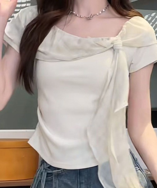L LABEL（エルラベル）の「チェック柄シフォンリボンTシャツ（Tシャツ/カットソー・レディース・ホワイト/ブルー/ピンク・FREE）」の7枚目の写真