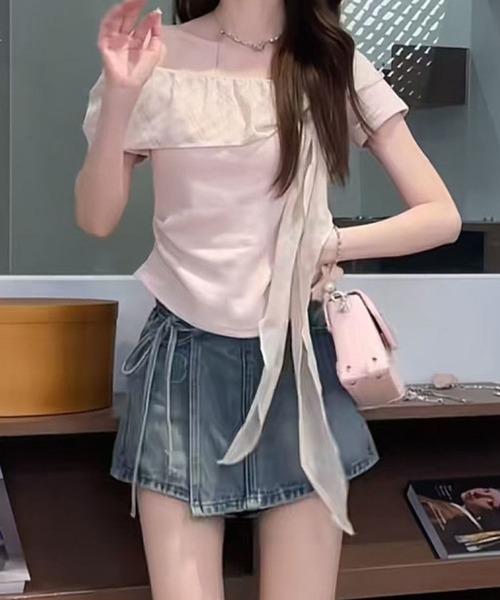 L LABEL（エルラベル）の「チェック柄シフォンリボンTシャツ（Tシャツ/カットソー・レディース・ホワイト/ブルー/ピンク・FREE）」の4枚目の写真