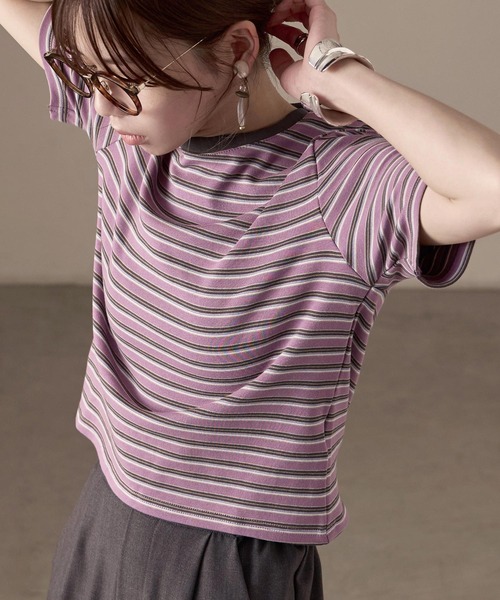 Fashion Letter(ファッションレター)の「フライス マルチボーダーミニTシャツ(Tシャツ/カットソー・レディース・ホワイト/チャコールグレー/パープル/ブラウン/ブルー・M)」の1枚目の写真