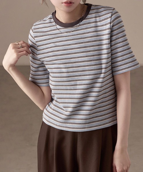 Fashion Letter(ファッションレター)の「フライス マルチボーダーミニTシャツ(Tシャツ/カットソー・レディース・ホワイト/チャコールグレー/パープル/ブラウン/ブルー・M)」の5枚目の写真
