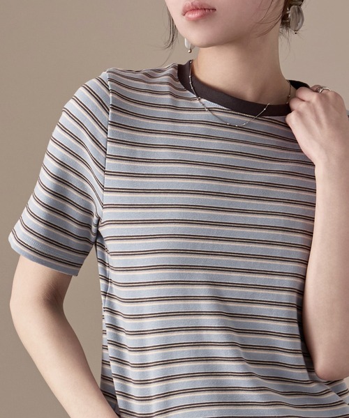 Fashion Letter(ファッションレター)の「フライス マルチボーダーミニTシャツ(Tシャツ/カットソー・レディース・ホワイト/チャコールグレー/パープル/ブラウン/ブルー・M)」の6枚目の写真