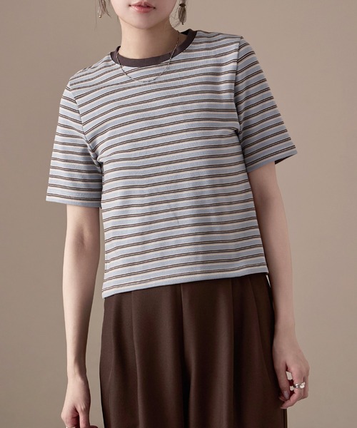Fashion Letter(ファッションレター)の「フライス マルチボーダーミニTシャツ(Tシャツ/カットソー・レディース・ホワイト/チャコールグレー/パープル/ブラウン/ブルー・M)」の7枚目の写真
