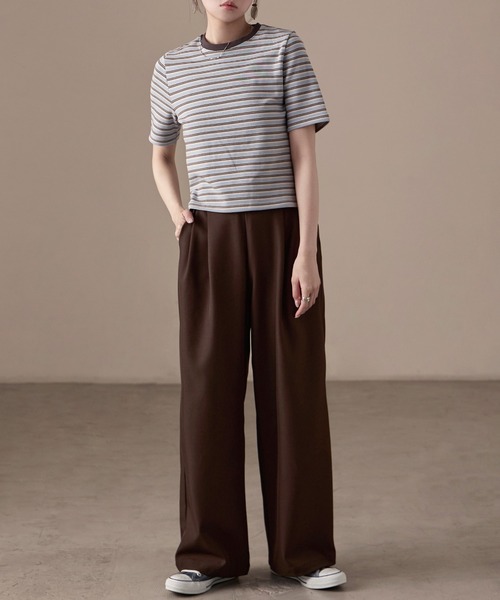 Fashion Letter(ファッションレター)の「フライス マルチボーダーミニTシャツ(Tシャツ/カットソー・レディース・ホワイト/チャコールグレー/パープル/ブラウン/ブルー・M)」の8枚目の写真