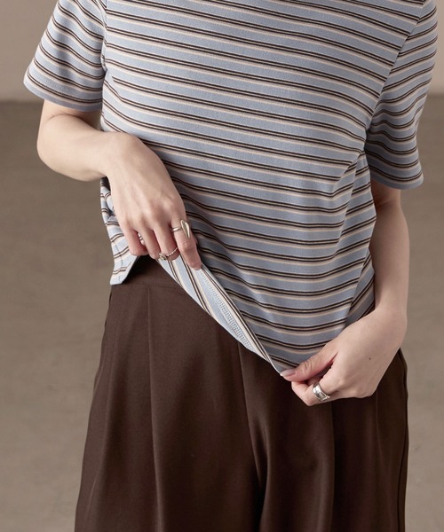 Fashion Letter(ファッションレター)の「フライス マルチボーダーミニTシャツ(Tシャツ/カットソー・レディース・ホワイト/チャコールグレー/パープル/ブラウン/ブルー・M)」の9枚目の写真