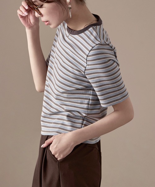 Fashion Letter(ファッションレター)の「フライス マルチボーダーミニTシャツ(Tシャツ/カットソー・レディース・ホワイト/チャコールグレー/パープル/ブラウン/ブルー・M)」の10枚目の写真