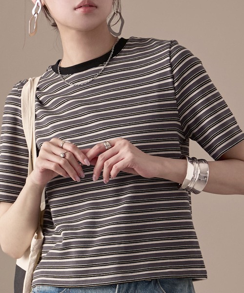 Fashion Letter(ファッションレター)の「フライス マルチボーダーミニTシャツ(Tシャツ/カットソー・レディース・ホワイト/チャコールグレー/パープル/ブラウン/ブルー・M)」の15枚目の写真