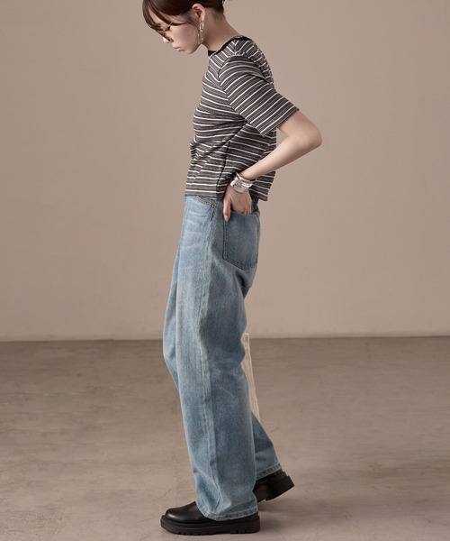 Fashion Letter(ファッションレター)の「フライス マルチボーダーミニTシャツ(Tシャツ/カットソー・レディース・ホワイト/チャコールグレー/パープル/ブラウン/ブルー・M)」の16枚目の写真