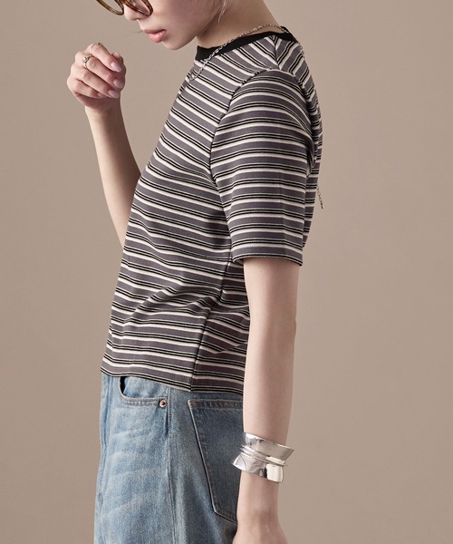 Fashion Letter(ファッションレター)の「フライス マルチボーダーミニTシャツ(Tシャツ/カットソー・レディース・ホワイト/チャコールグレー/パープル/ブラウン/ブルー・M)」の17枚目の写真