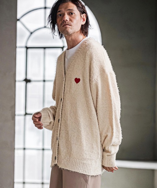 CAMBIO(カンビオ)の「mcg3867-Feather Yarn Heart Knit Cardigan ニットカーディガン(PF-262-018)(カーディガン/ボレロ・メンズ・ブラック/グレー/カーキ/ナチュラル・M/L)」の6枚目の写真