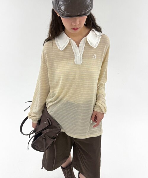 w closet(ダブルクローゼット)の「フリル衿ボーダーTシャツ(Tシャツ/カットソー・レディース・イエロー/ネイビー/グレー・FREE)」の3枚目の写真