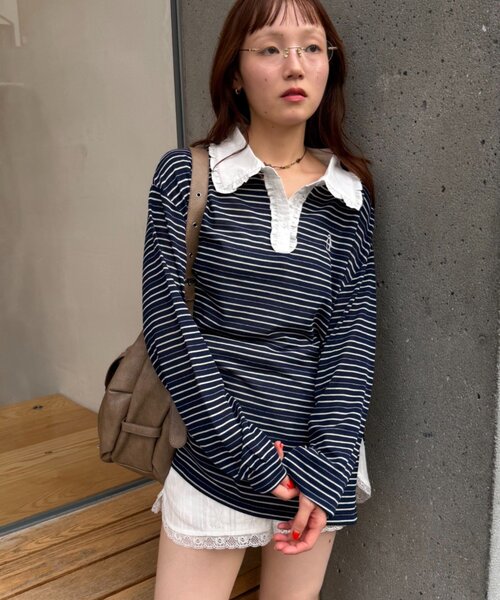 w closet(ダブルクローゼット)の「フリル衿ボーダーTシャツ(Tシャツ/カットソー・レディース・イエロー/ネイビー/グレー・FREE)」の19枚目の写真