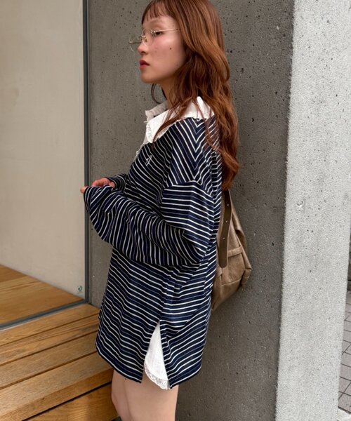 w closet(ダブルクローゼット)の「フリル衿ボーダーTシャツ(Tシャツ/カットソー・レディース・イエロー/ネイビー/グレー・FREE)」の20枚目の写真