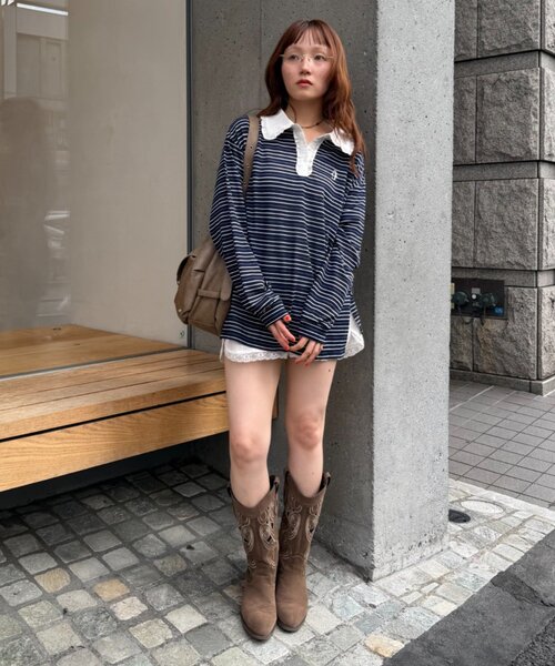w closet(ダブルクローゼット)の「フリル衿ボーダーTシャツ(Tシャツ/カットソー・レディース・イエロー/ネイビー/グレー・FREE)」の22枚目の写真