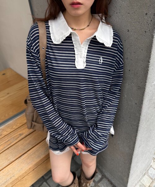 w closet(ダブルクローゼット)の「フリル衿ボーダーTシャツ(Tシャツ/カットソー・レディース・イエロー/ネイビー/グレー・FREE)」の4枚目の写真