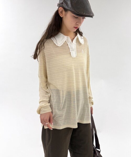 w closet(ダブルクローゼット)の「フリル衿ボーダーTシャツ(Tシャツ/カットソー・レディース・イエロー/ネイビー/グレー・FREE)」の6枚目の写真